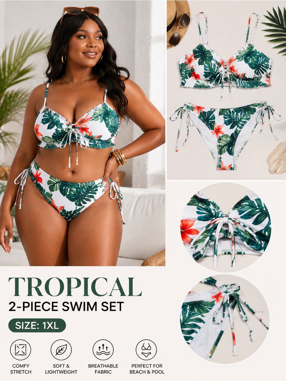 SHEIN White Tropical Leaf & Red Floral Tie-Front Bikini